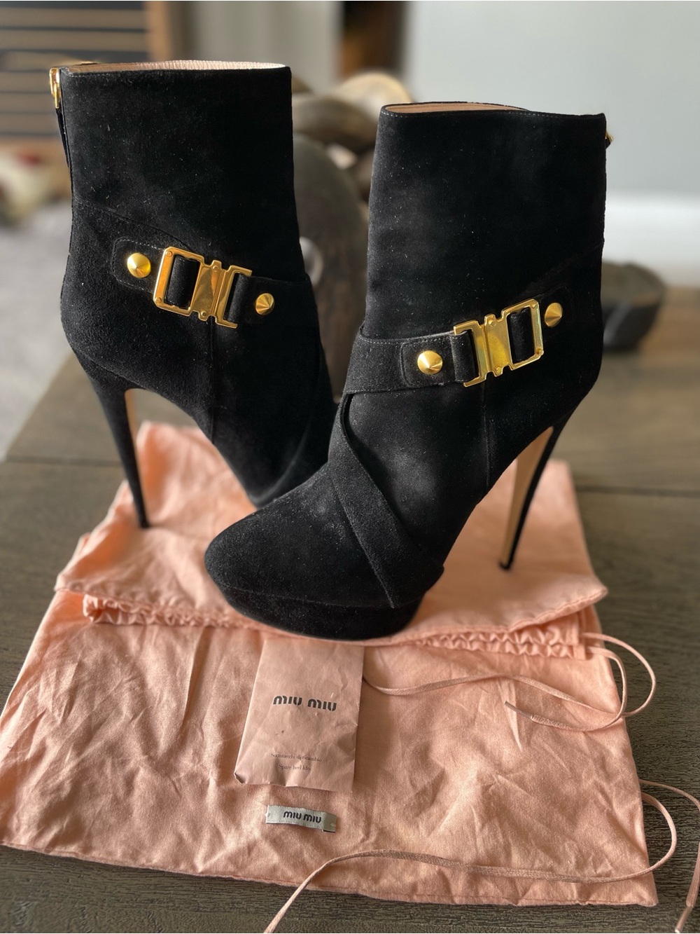 Miu Miu Black Suede Platform Ankle Boots with Gold Hardware It 40.5